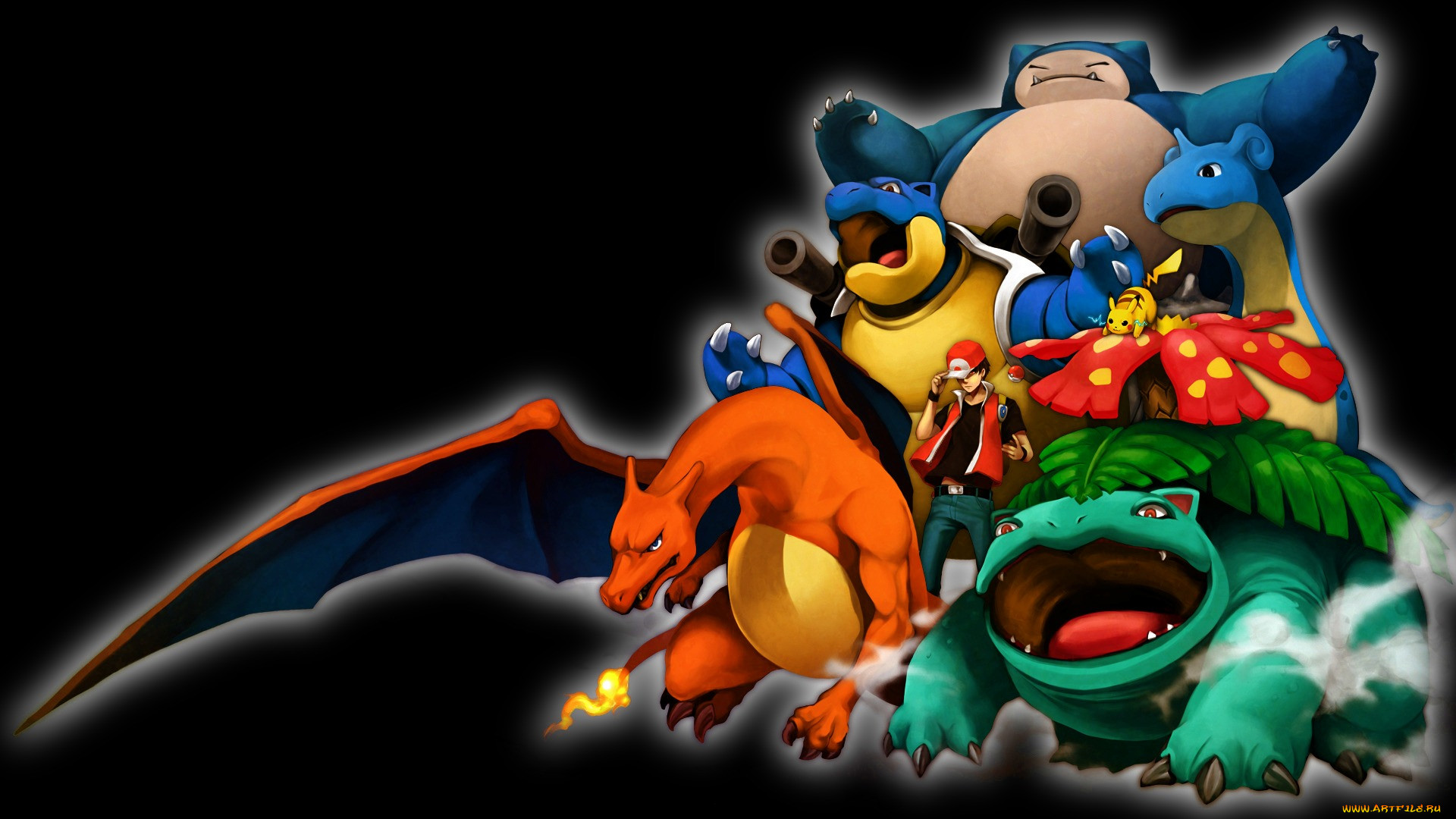 , pokemon, , venusaur, charizard, ash, , pikachu, snorlax, , blastoise, , , , , lapras, 